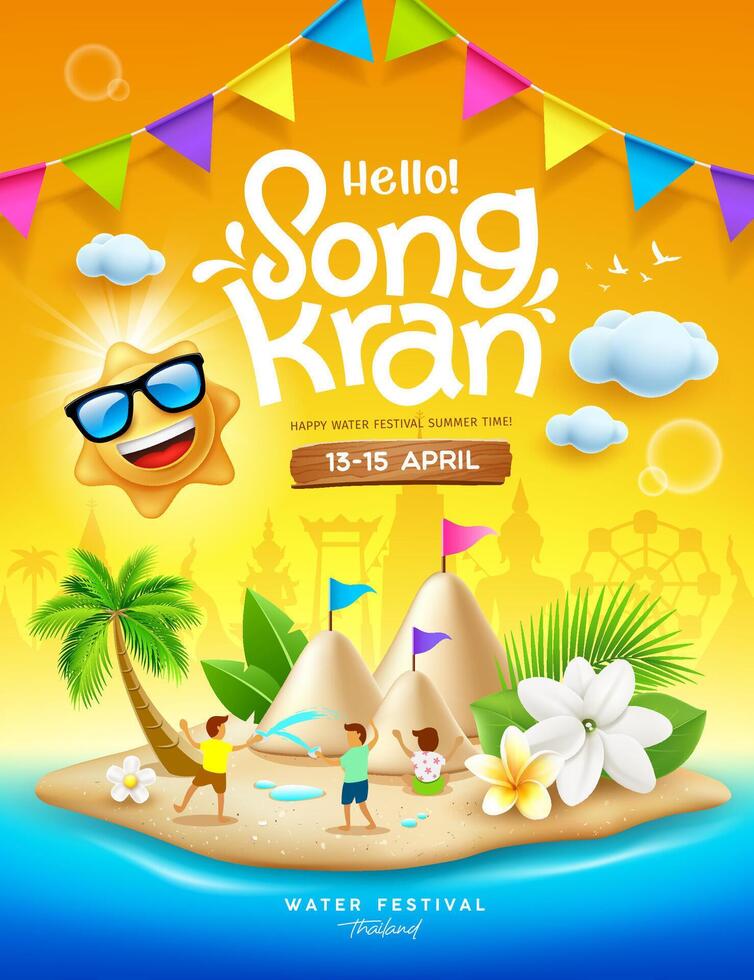 Songkran Festival Thailand, thailändisch Blumen mit Kind spielen Wasser spritzen, Sonne lächeln, Sand Pagode, bunt Flagge, Poster Design auf sandig Strand auf das Insel Gelb Hintergrund, eps 10 Vektor