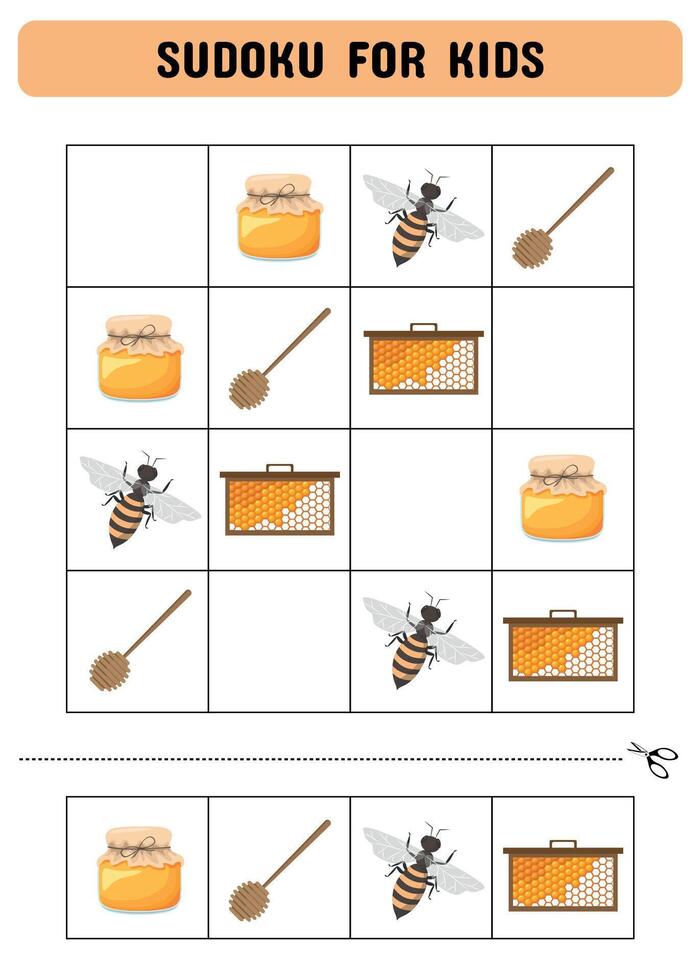 sudoku för barn med bi. spel för barn. tryckbar sidor för förskolebarn vektor