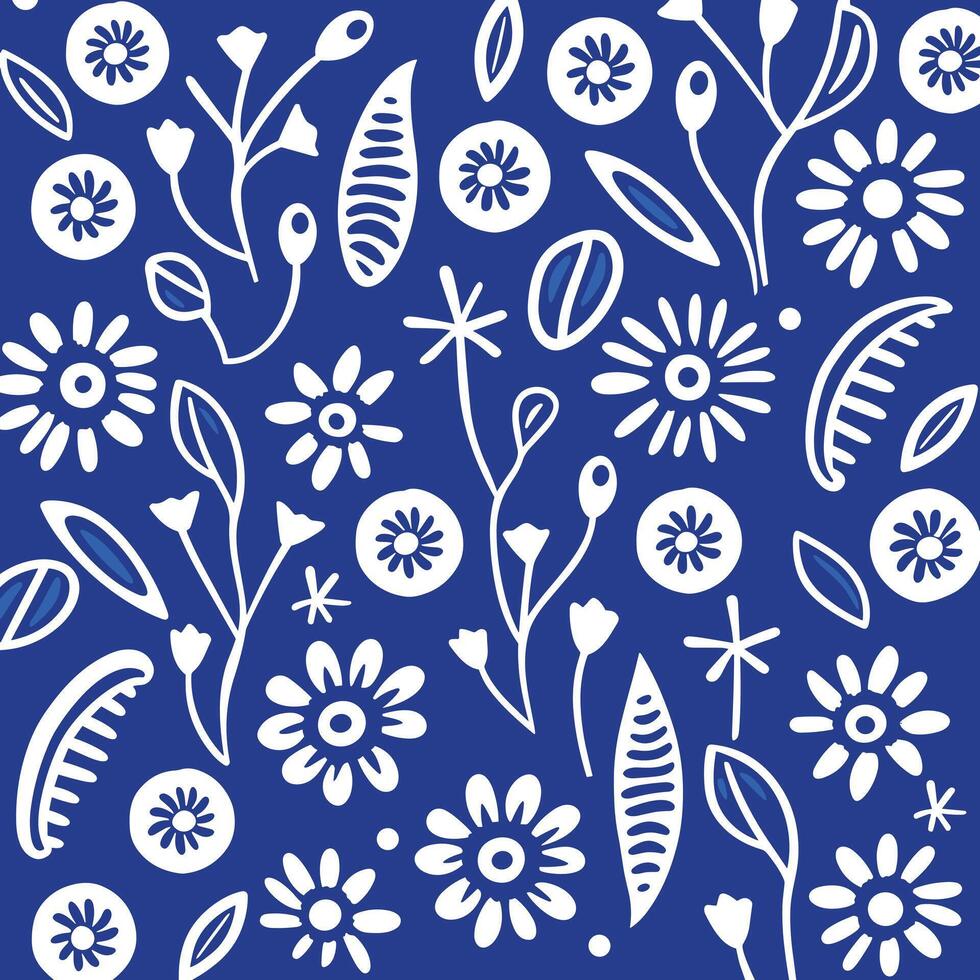 blå med vit blommig former mönster tyg på skedblomma beställnings- tyg, abstrakt minimalism uppskattare, djärv primär färger, prickad, abstrakt botanisk illustrationer vektor