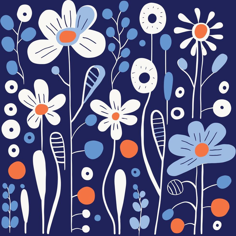 blå med vit blommig former mönster tyg på skedblomma beställnings- tyg, abstrakt minimalism uppskattare, djärv primär färger, prickad, abstrakt botanisk illustrationer vektor