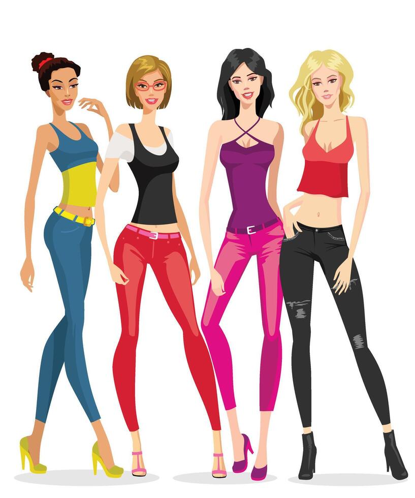 grupp av kvinna modeller i färgrik kläder Framställ stående vektor