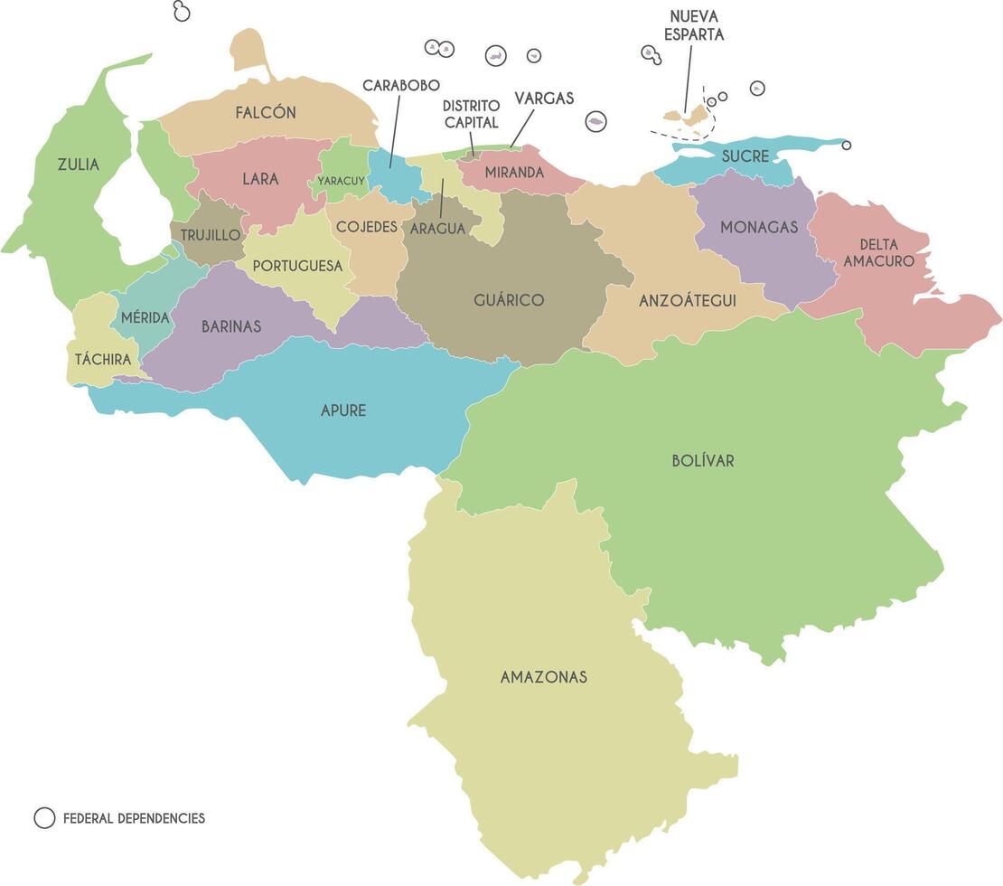 vektor Karta av venezuela med stater, huvudstad distrikt, statlig beroenden och administrativ divisioner. redigerbar och klart märkt skikten.