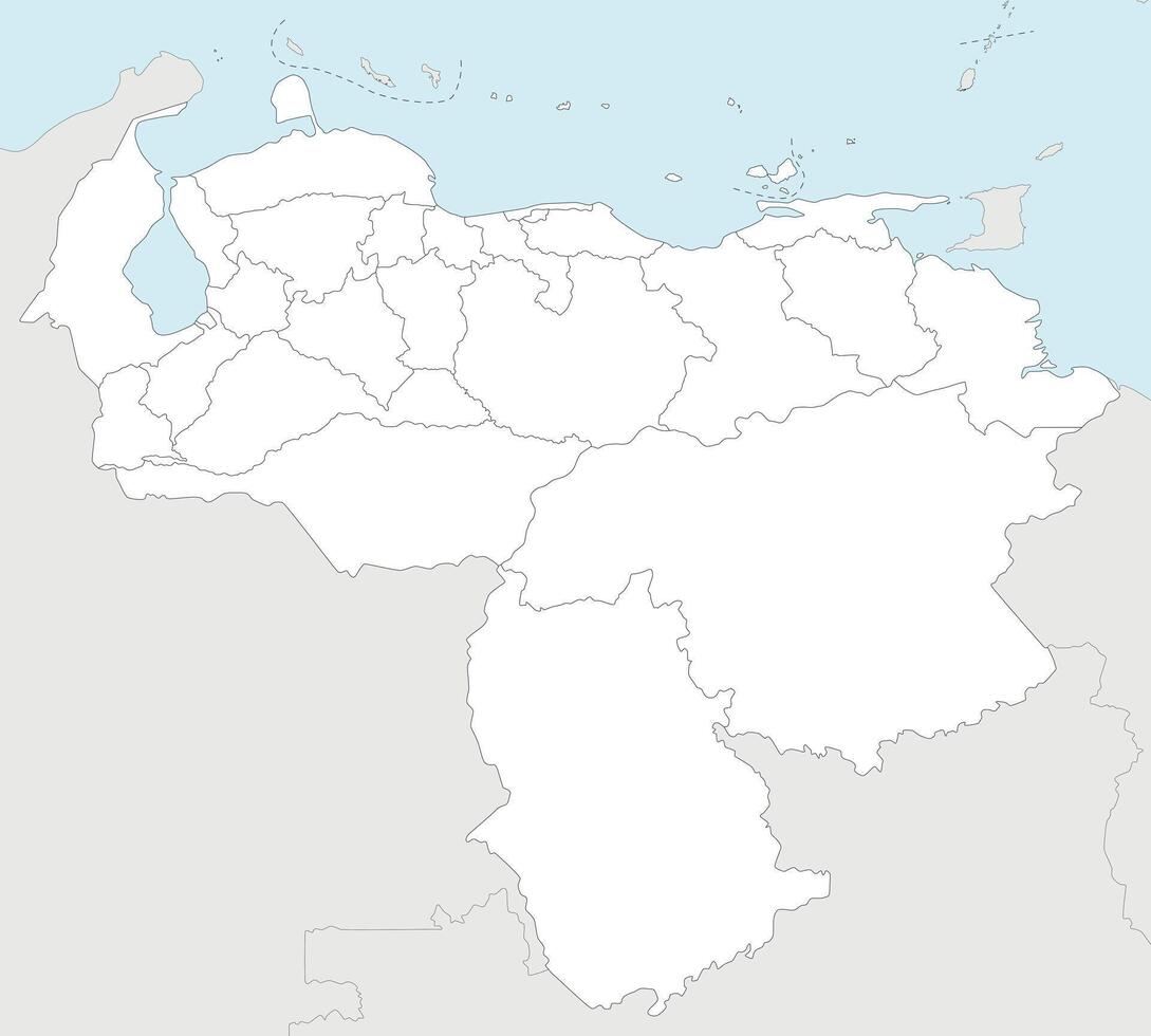 vektor tom Karta av venezuela med stater, huvudstad distrikt, statlig beroenden och administrativ divisioner, och angränsande länder. redigerbar och klart märkt skikten.