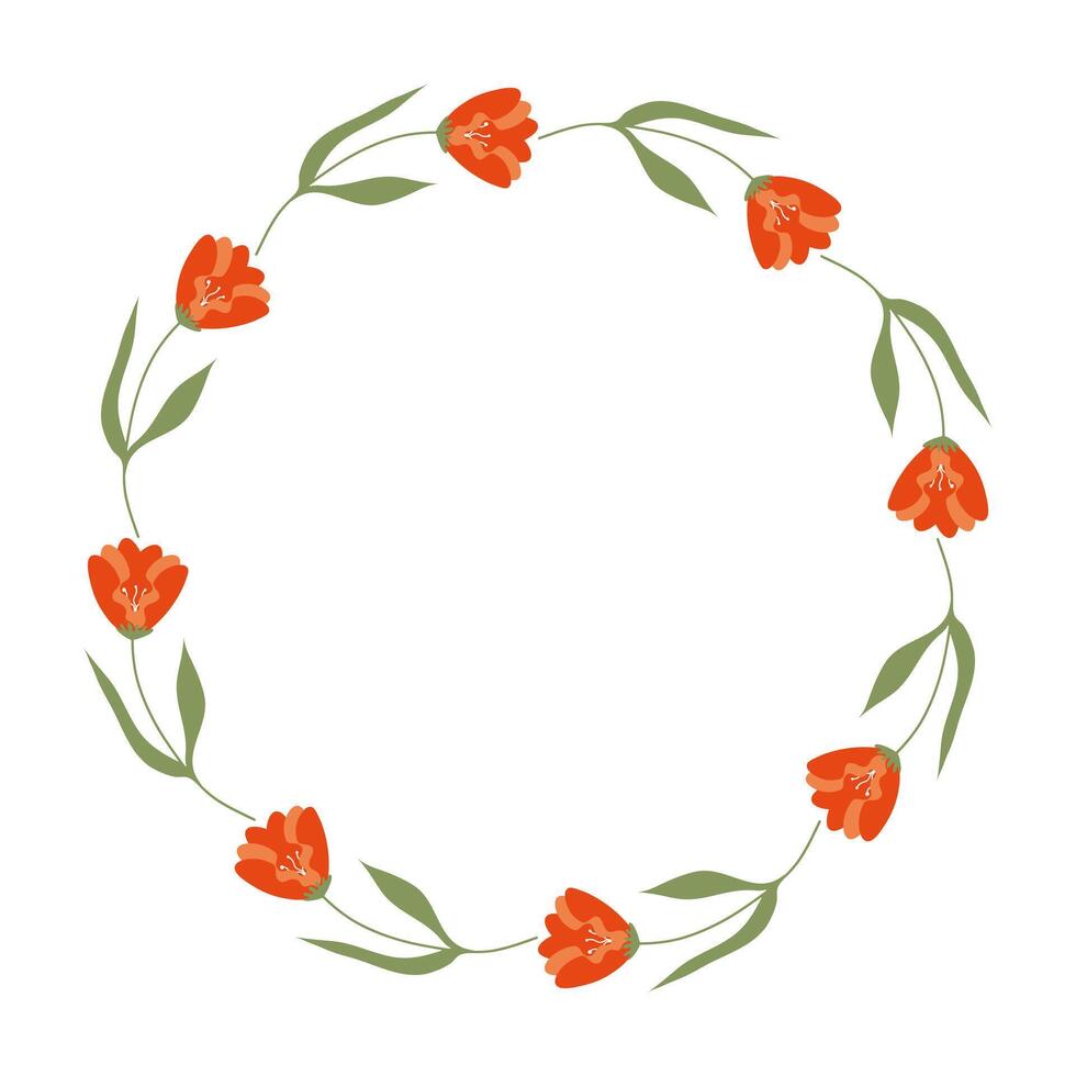 klotter vår blommig krans tillverkad av orange blommor i cirkel. hand dragen elegant minimalistisk botanisk element. runda ram eller gräns med plats text, Citat eller logotyp i platt stil. vektor