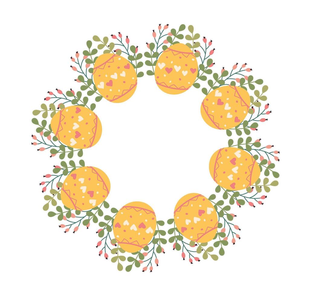 påsk cirkel krans med blommor och ägg hand dragen med kopia Plats. lövverk ram för hälsningar och information med tömma plats för text. Lycklig vår minimalistisk illustration i klotter stil. vektor