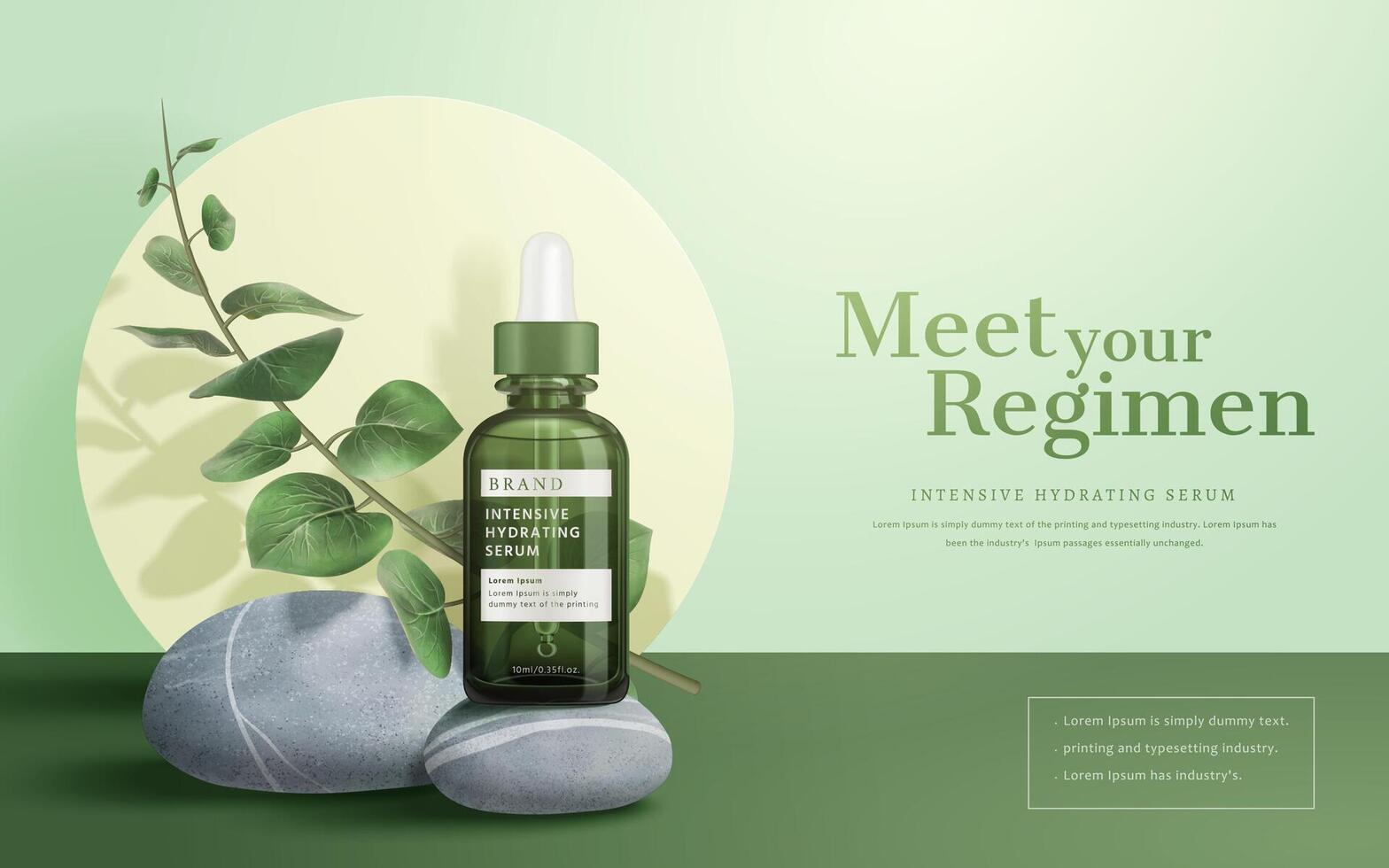 3d illustration av skönhet produkt annons, begrepp av naturlig hud vård, dropper flaska mock-up på grå sten med eukalyptus löv vektor
