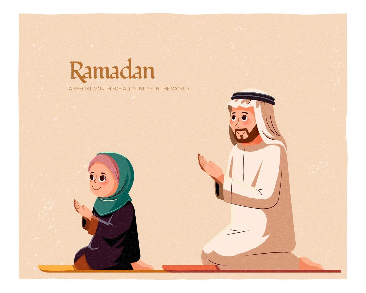 Muslim Vater nehmen seine Tochter tun Gebet zusammen auf ein Teppich, feiern das wichtig islamisch Festival Ramadan, isoliert auf Beige Hintergrund vektor