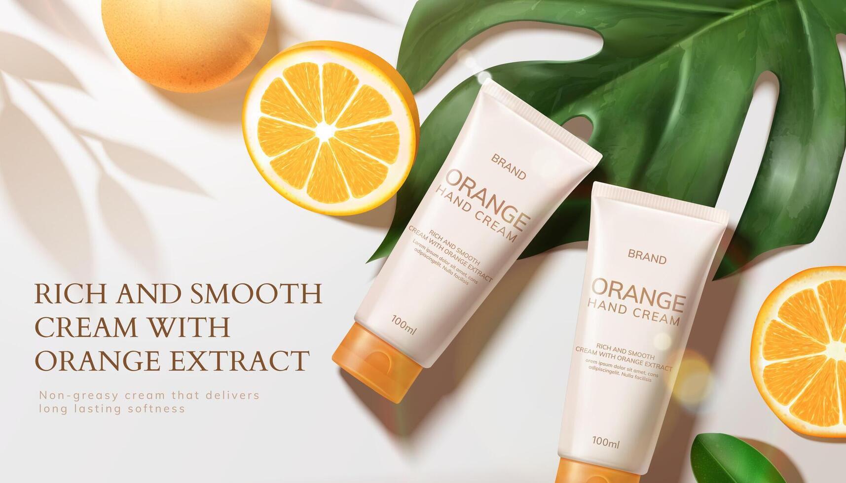 Luxus Haut Pflege Produkt Anzeige, oben Aussicht von Tube Modelle mit Monstera Blatt und Orangen, 3d Illustration vektor