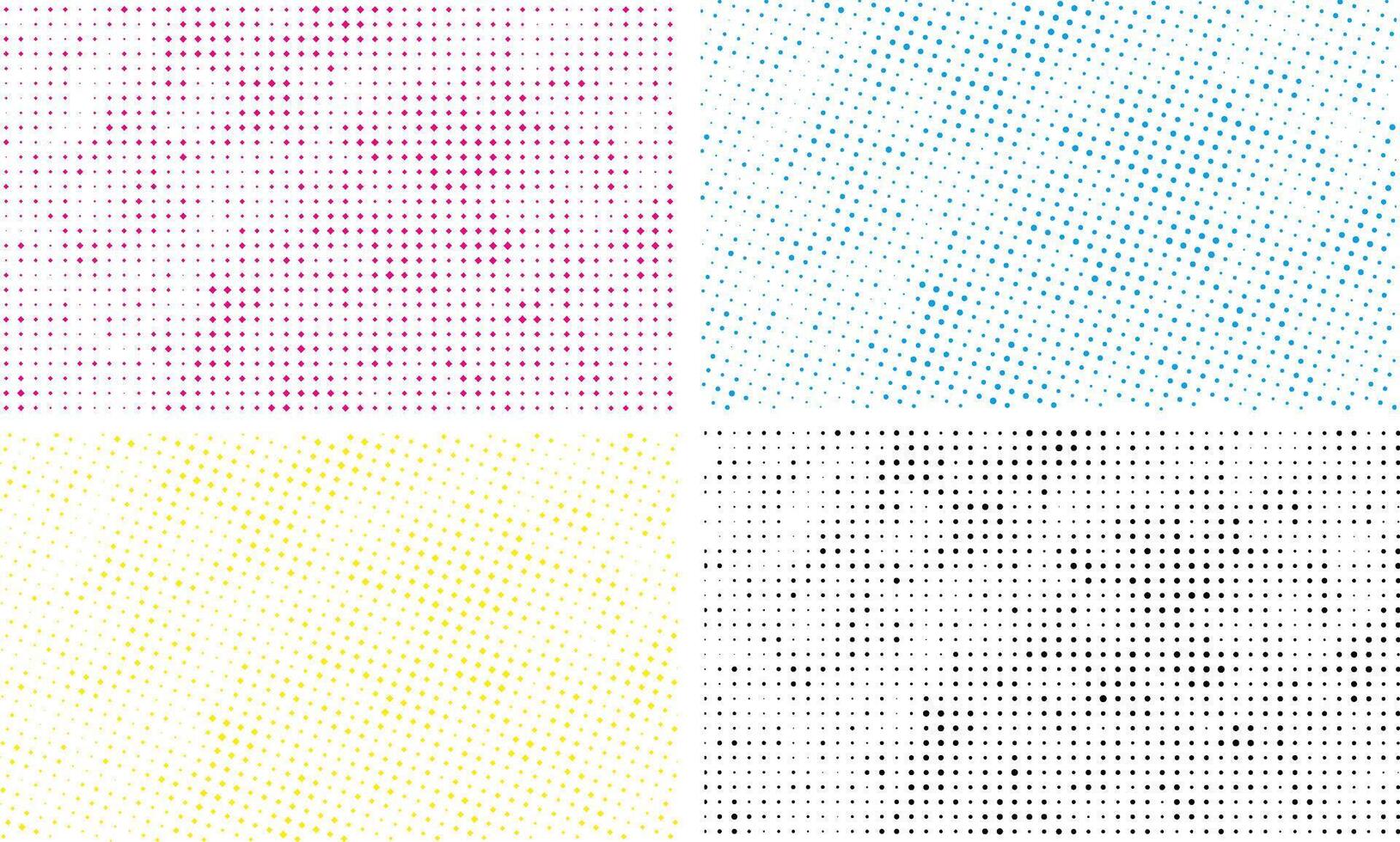 uppsättning av fyra annorlunda färgad halvton mönster av cmyk punkt, abstrakt bakgrund med fyrkant punkt effekt bunt, vektor