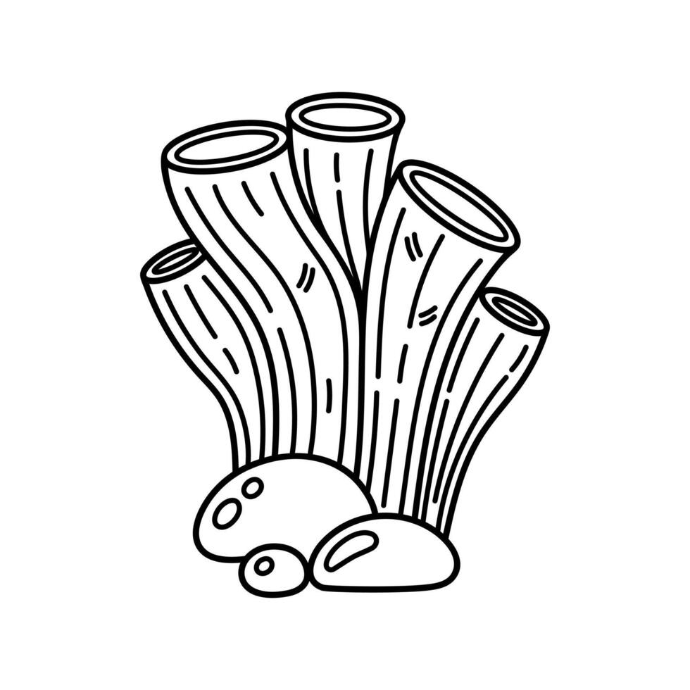 Koralle Rohr Schwamm Vektor Symbol. Hand gezeichnet schwarz und Weiß Gekritzel, skizzieren. Ozean Tier, Koralle Riff Silhouette. tropisch Meer Kreatur auf das Meeresboden unter das Steine. Gliederung Illustration zum drucken, Netz