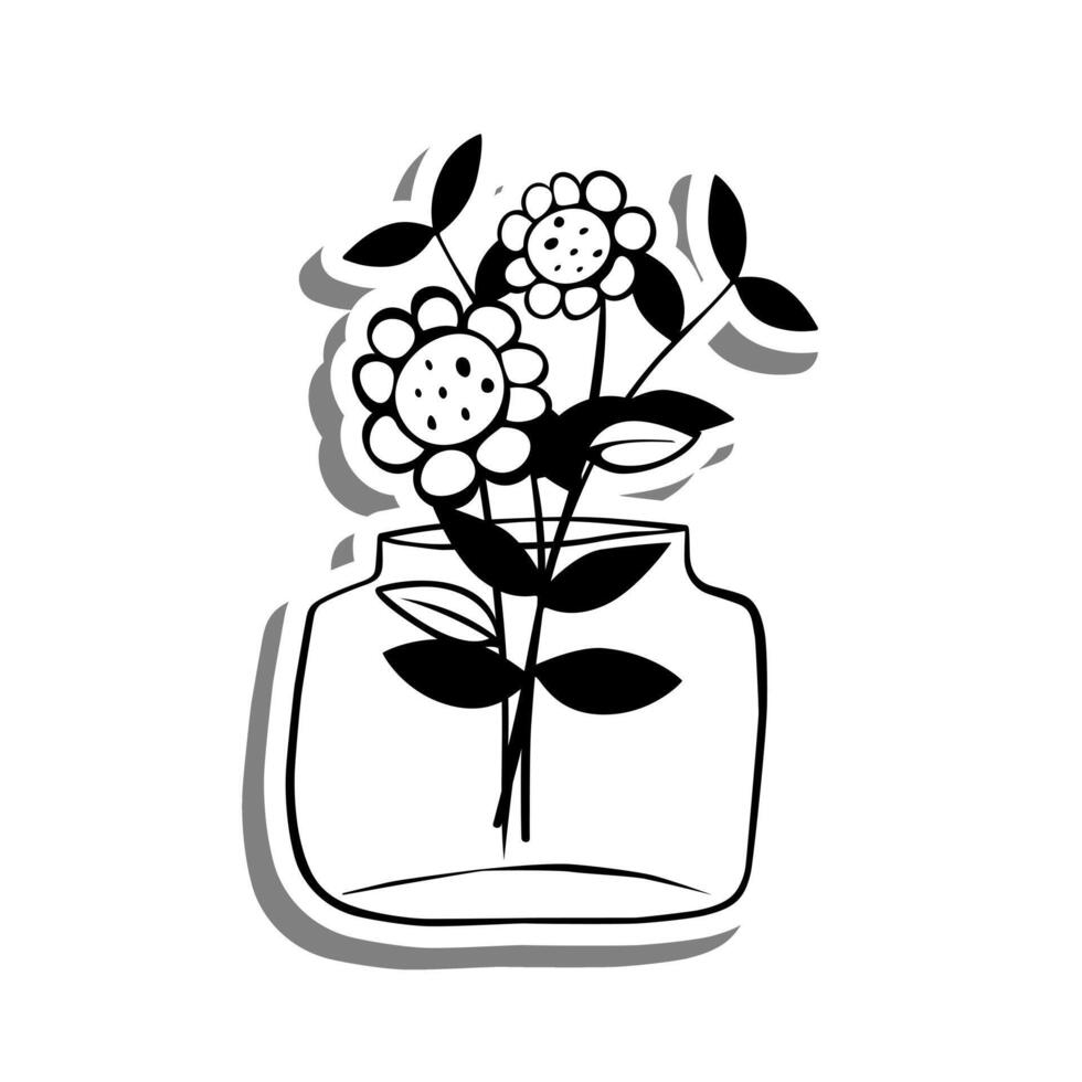 schwarz Linie Gekritzel Blumen im ein Krug auf Weiß Silhouette und grau Schatten. Hand gezeichnet Karikatur Stil. Vektor Illustration zum schmücken und irgendein Design.