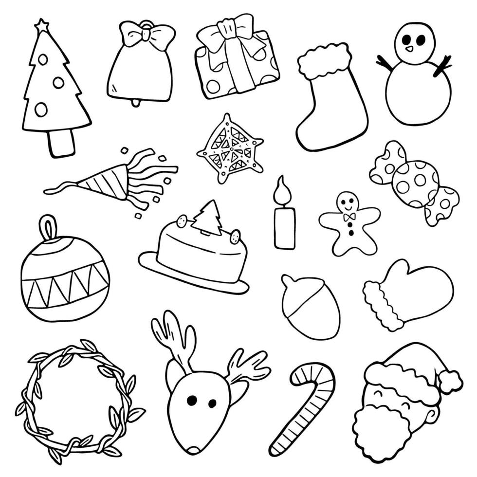 jul element samling. sådan som gran, godis sockerrör, klocka, gåva, strumpa, ljus, boll, snögubbe, handske, ek, kaka, taffy, kaka, ren, krans, kon fyrverkeri. klotter vektor illustration.