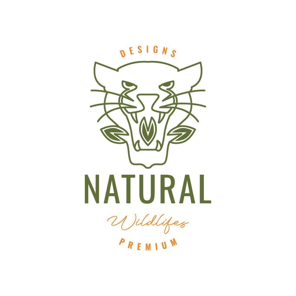 Natur Tierwelt Tier brüllen Panther Blätter Wald Urwald Linie Stil Hipster minimal Logo Design Vektor Symbol Illustration