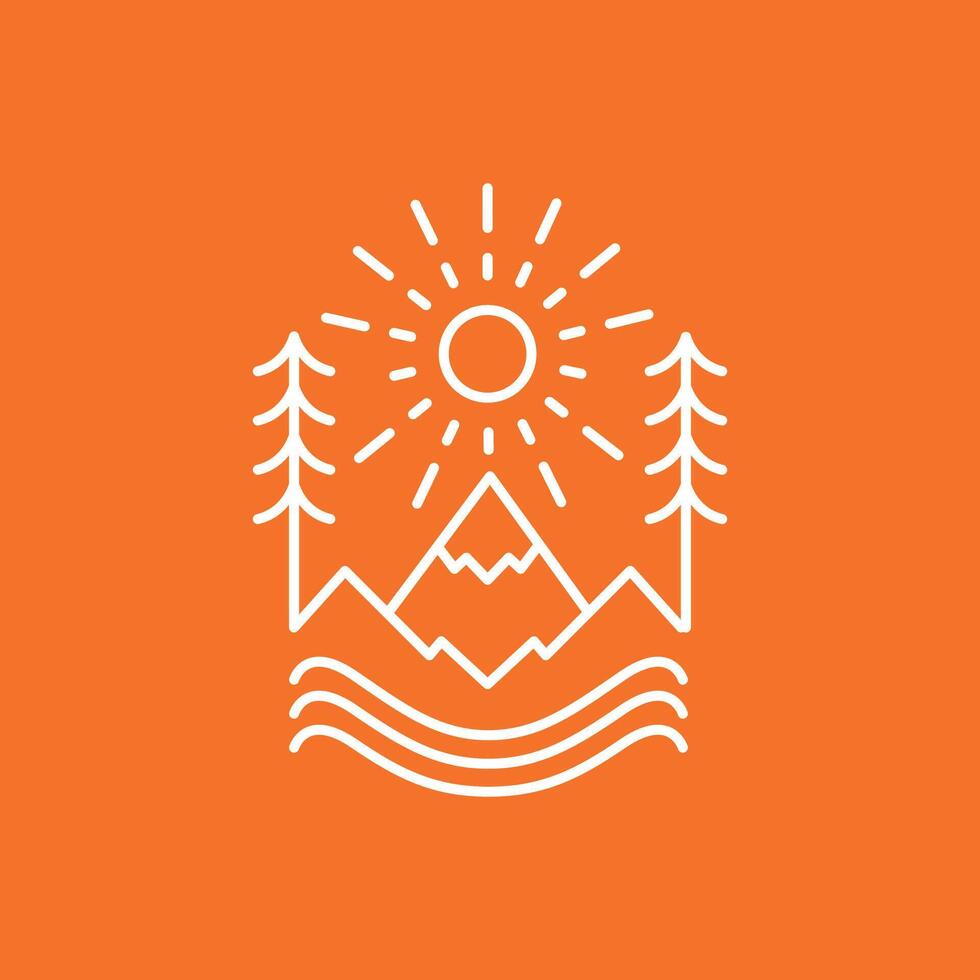 utomhus- natur äventyr berg skog flod sunburst minimalistisk linje enkel stil hipster logotyp design vektor ikon illustration