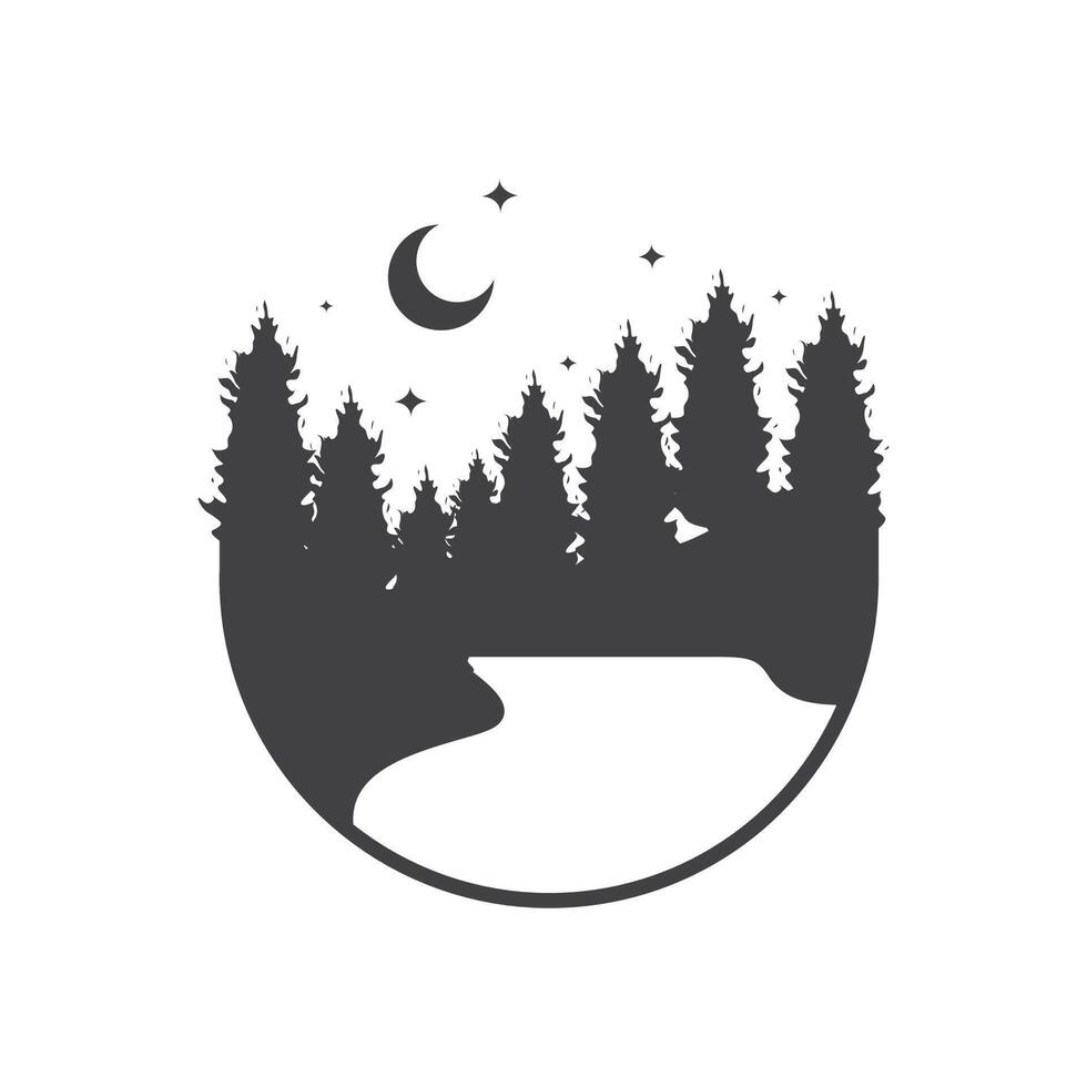 See Wald Bäume Kiefern Natur draussen Nacht Halbmond Kreis Aufkleber Logo Design Vektor Symbol Illustration