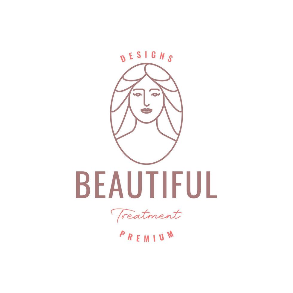 skönhet ansikte kvinnor porträtt lång hår salong behandling linje stil minimal tecknad serie maskot karaktär logotyp design vektor ikon illustration