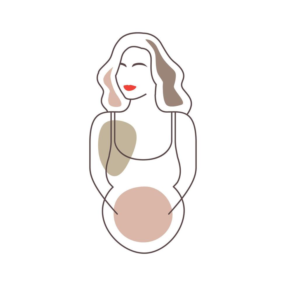 Schönheit Frau mit rot Lippen lange Haar schwanger bunt Linie Stil einfach feminin Maskottchen Logo Design Vektor Symbol Illustration