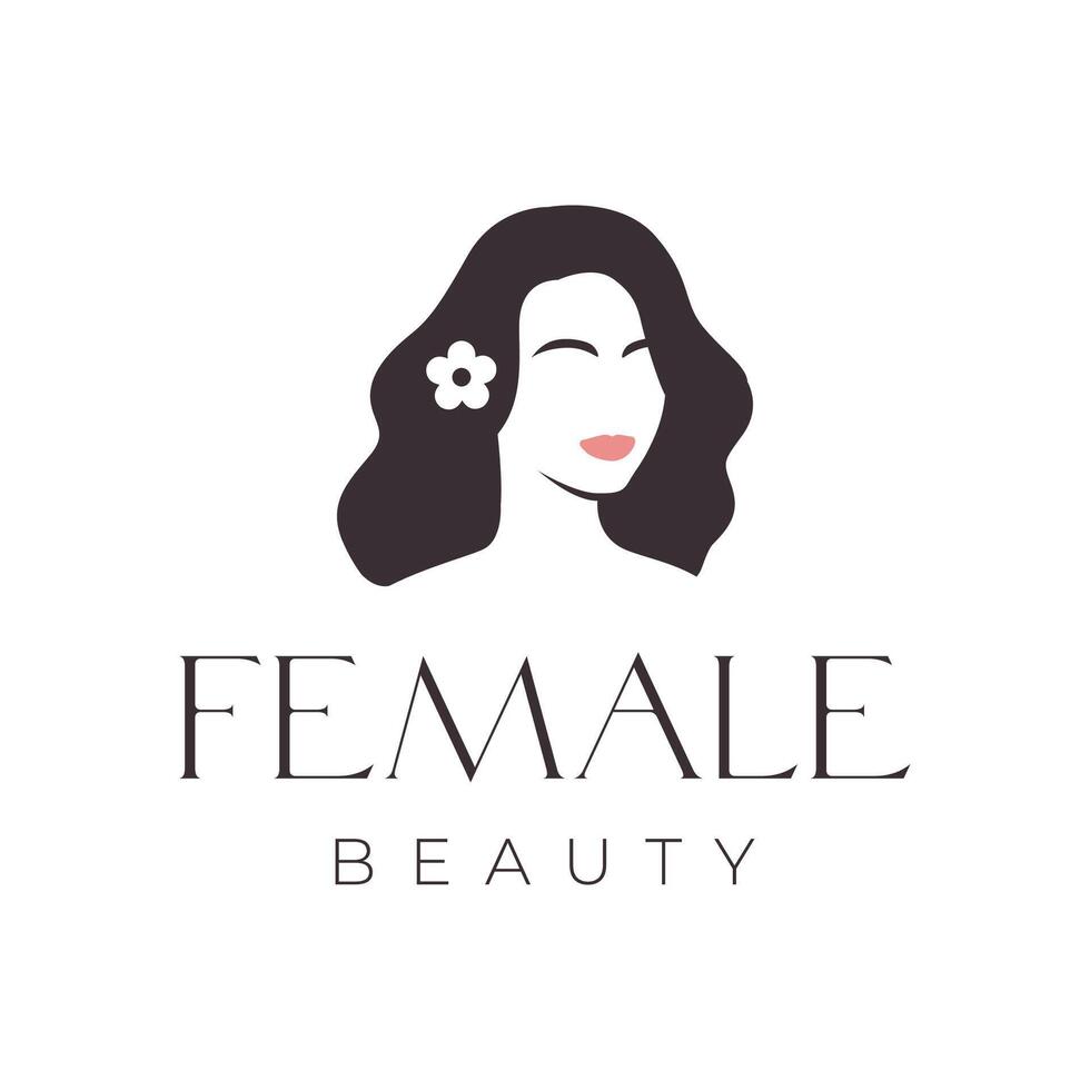 skön ansikte kvinna kvinnor lång hår röd mun modern platt rena maskot karaktär logotyp design vektor ikon illustration