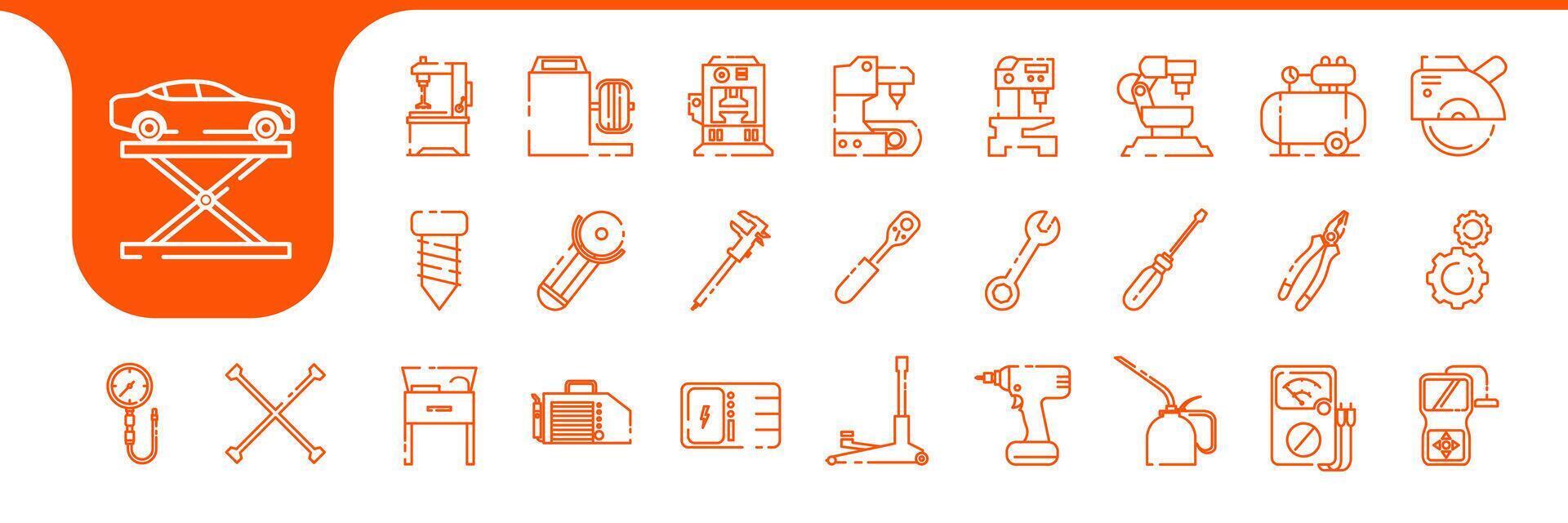 Garage Dienstleistungen Ausrüstung Linie Symbol einstellen Design Vektor