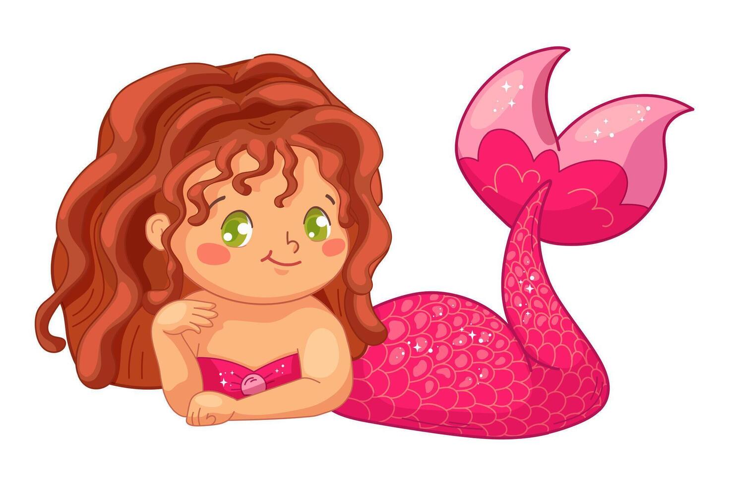 söt svart sjöjungfru med mörk vågig hår och rosa fisksvans. vektor illustration i barnslig stil för bebis dusch, varor, kläder