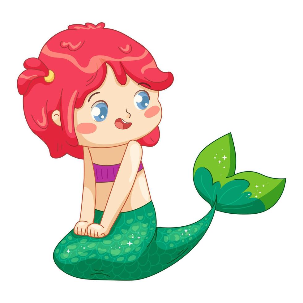 süß wenig Meerjungfrau mit rot Haar und Grün Fisch Schwanz. Vektor Illustration im kindisch Stil zum Baby Dusche, Waren, Kleider