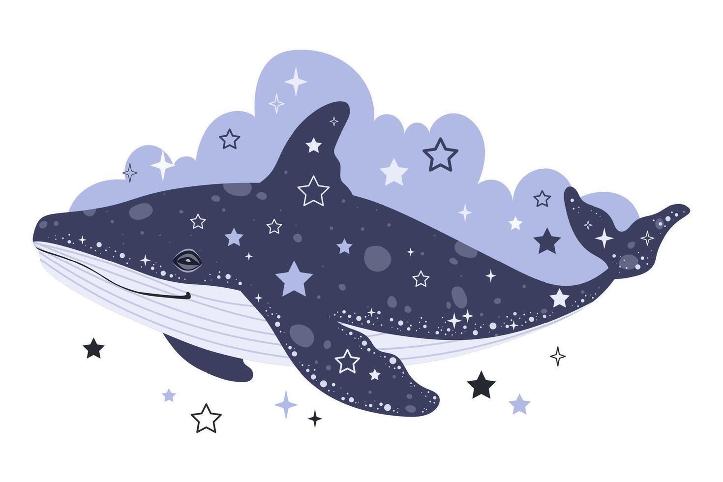 himmlisch sternenklar Blau Wal, träumend mit Wal. Vektor einfarbig Illustration, tätowieren Idee zum Kinder im eben Stil