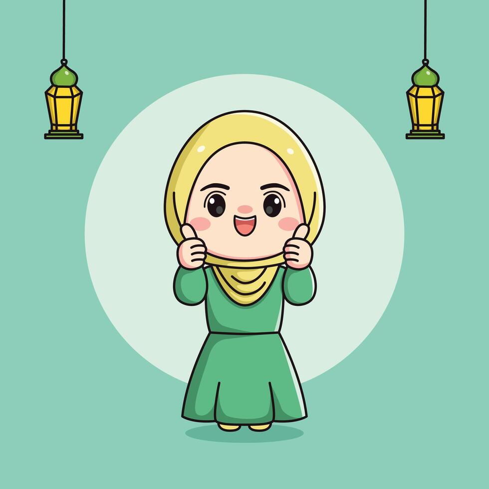 söt muslim flicka karaktär med två trevlig fingrar vektor