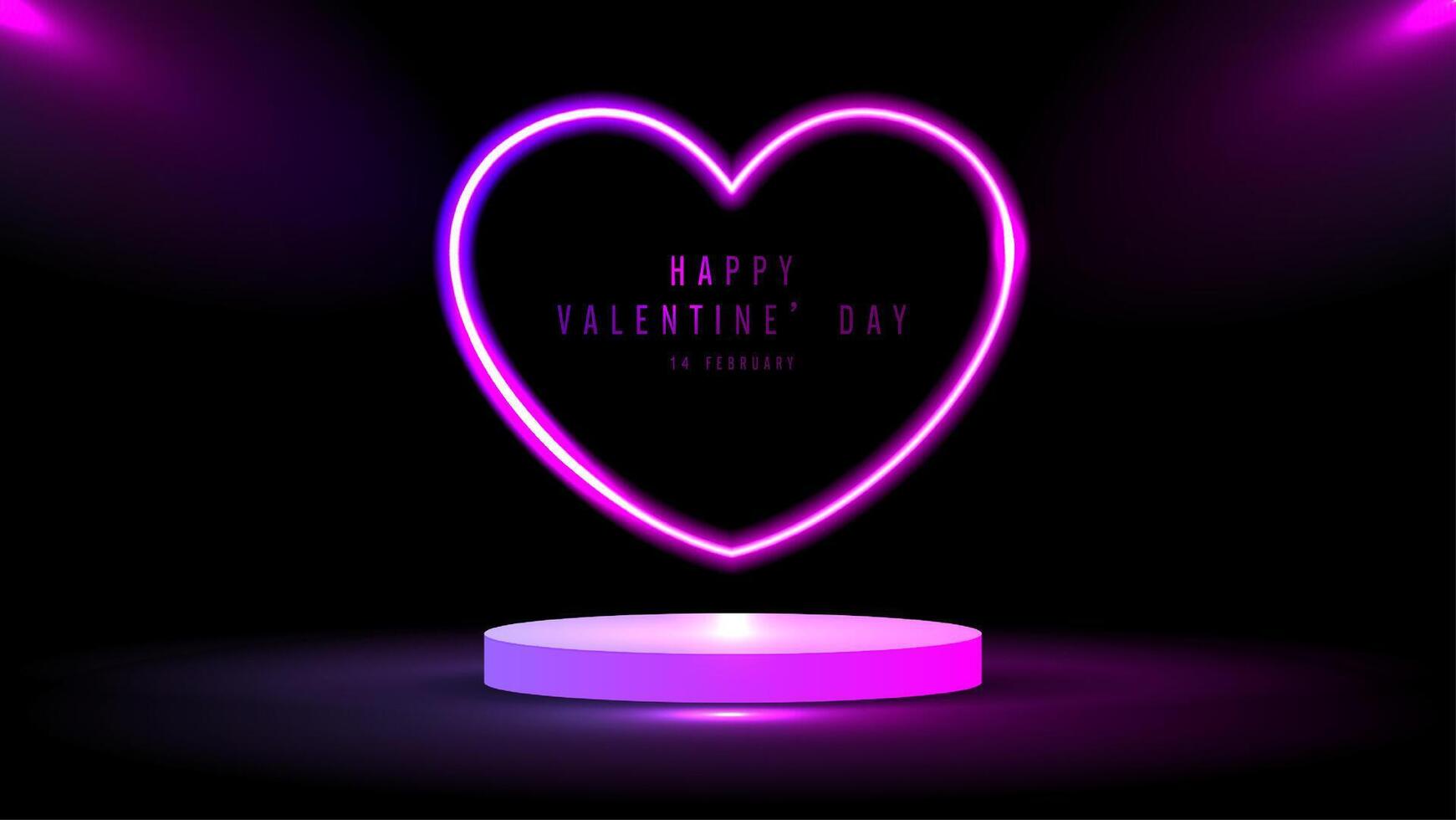 Podium oder Stand mit Linie Gradient Neon- Licht Herz gestalten Frames Design auf ein dunkel Hintergrund. Gradient glühend Grenzen. Elemente Valentinstag Tag Festival Design. bunt futuristisch Valentinsgrüße Tag. vektor