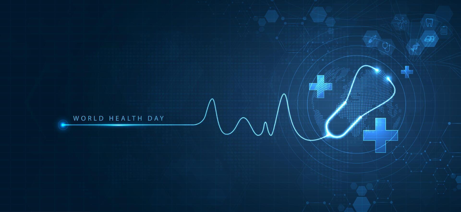 värld hälsa dag är en global hälsa medvetenhet dag berömd varje år på 7:e april. hälsa vård medicinsk vetenskap med ikon digital teknologi värld begrepp modern företag. vektor design