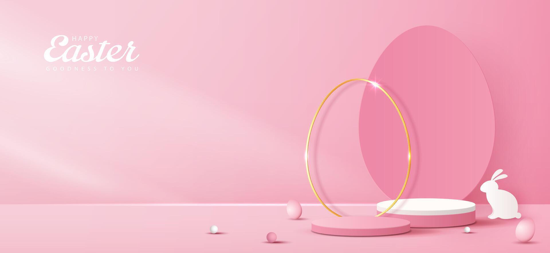 glücklich Ostern Rosa Hintergrund und Podium Anzeige zum Produkt Präsentation branding und Verpackung Präsentation. Studio Bühne mit Eier und Hase Hintergrund. Vektor Design.