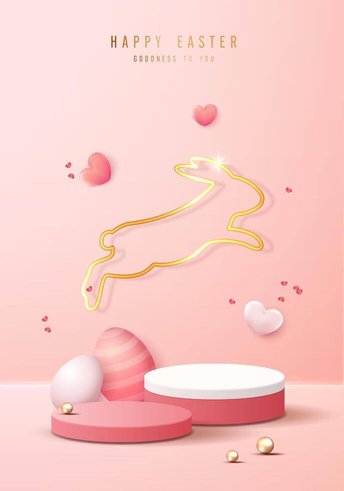 glücklich Ostern Rosa Hintergrund und Papier Kunst Podium Anzeige zum Produkt Präsentation branding und Verpackung Präsentation. Studio Bühne mit Eier und Hase Hintergrund. Vektor Design.