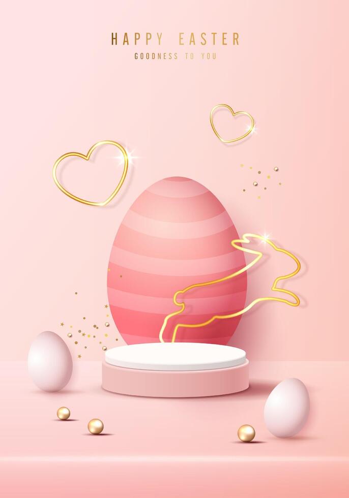 glücklich Ostern Rosa Hintergrund und Papier Kunst Podium Anzeige zum Produkt Präsentation branding und Verpackung Präsentation. Studio Bühne mit Eier und Hase Hintergrund. Vektor Design.