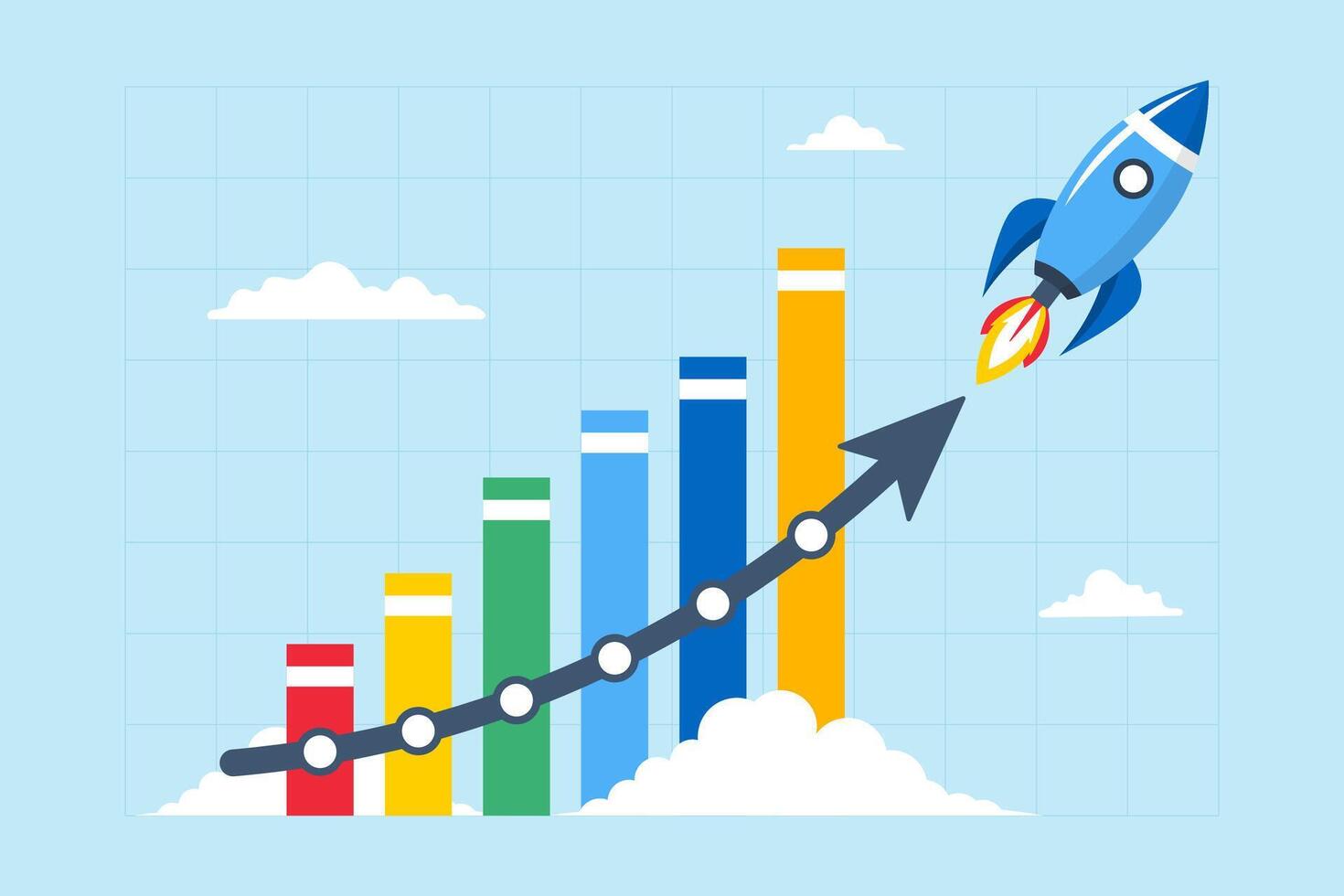 raket ökar finansiell tillväxt på bar Graf, illustrerar exponentiell tillväxt, förening intressera, och stigande rikedom eller förtjänst, liknande till öka i företag försäljning eller vinster vektor