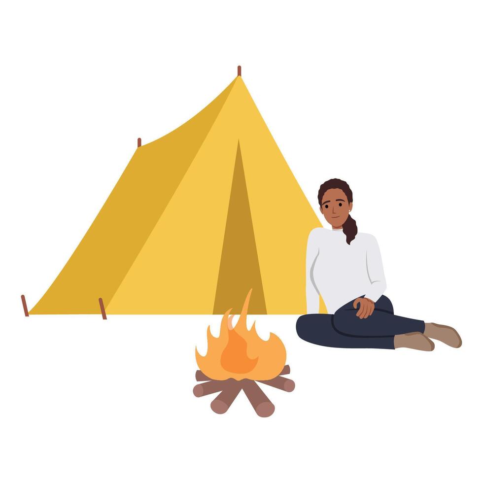 jung schwarz Frau Sitzung in der Nähe von Lagerfeuer beim Campingplatz. vektor