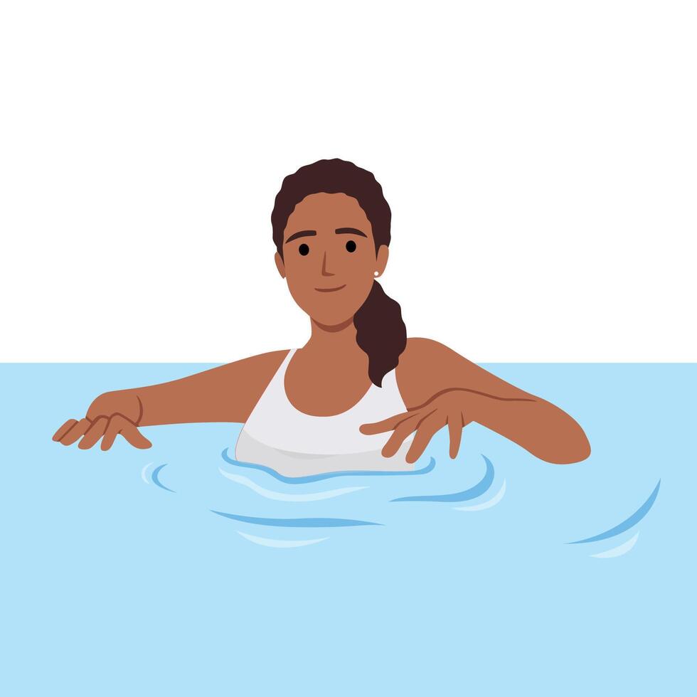 brunett flicka i röd baddräkt simning i vatten, kvinna avkopplande i de hav, hav eller simning slå samman på sommar semester vektor