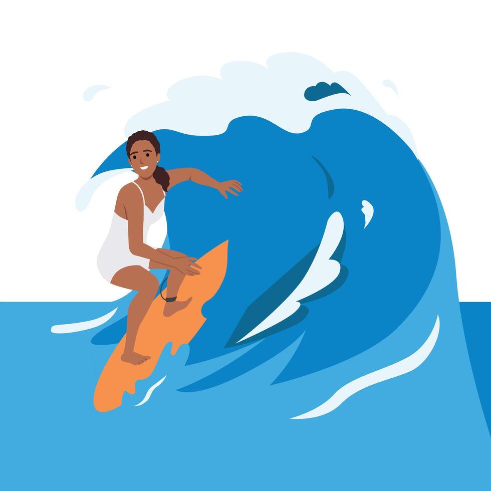ung surfa flicka ridning hav Vinka på styrelse. vektor