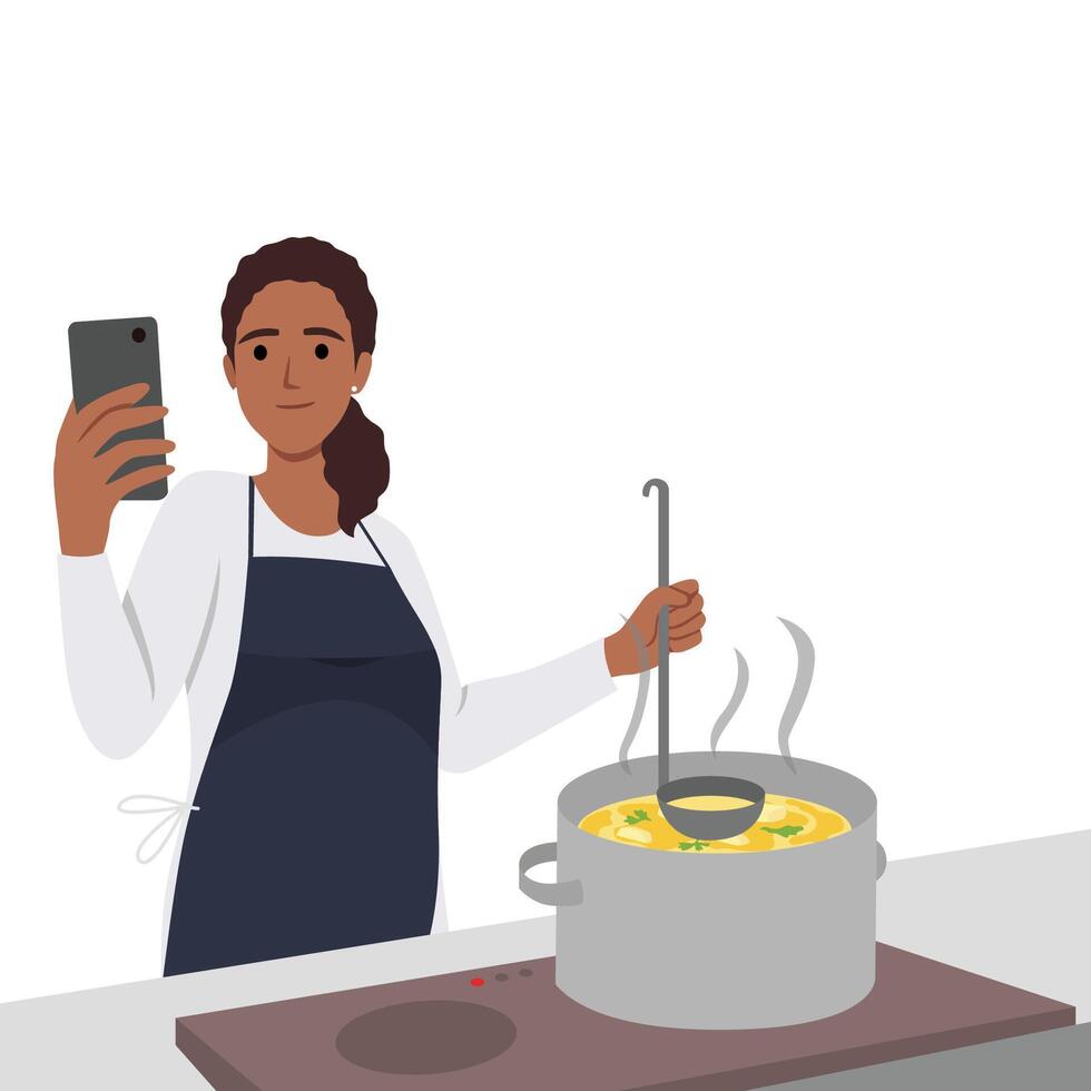 kvinna matlagning soppa på kök med uppkopplad recept på mobiltelefon. leende modern mor framställning mat använder sig av kokbok eller Ansökan på mobil. platt vektor