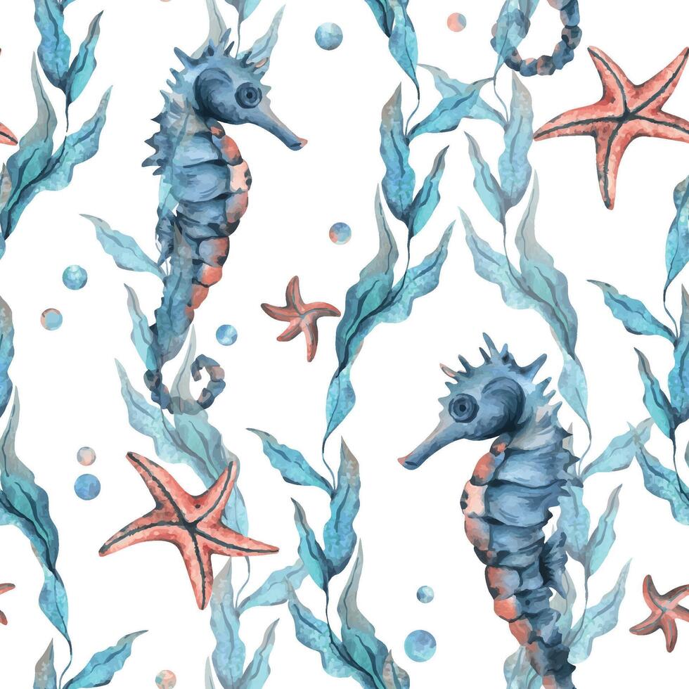 under vattnet värld ClipArt med hav djur sjöhäst, sjöstjärna, bubblor och alger. hand dragen vattenfärg illustration. sömlös mönster på en vit bakgrund vektor