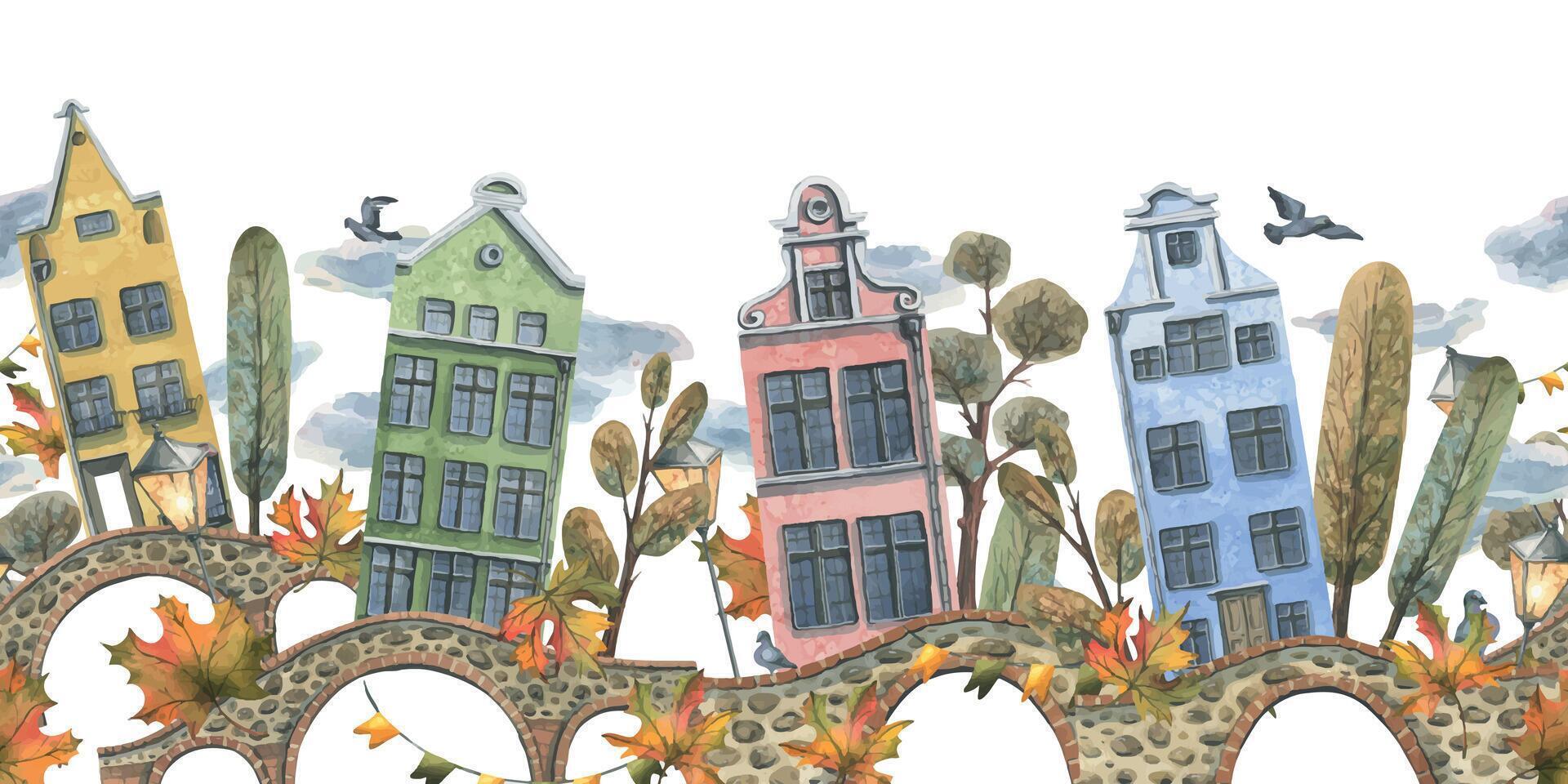 gammal europeisk hus är färgrik, med höst träd och löv, sten broar och lyktor. hand dragen vattenfärg illustration. sömlös gräns är isolerat från de bakgrund. vektor