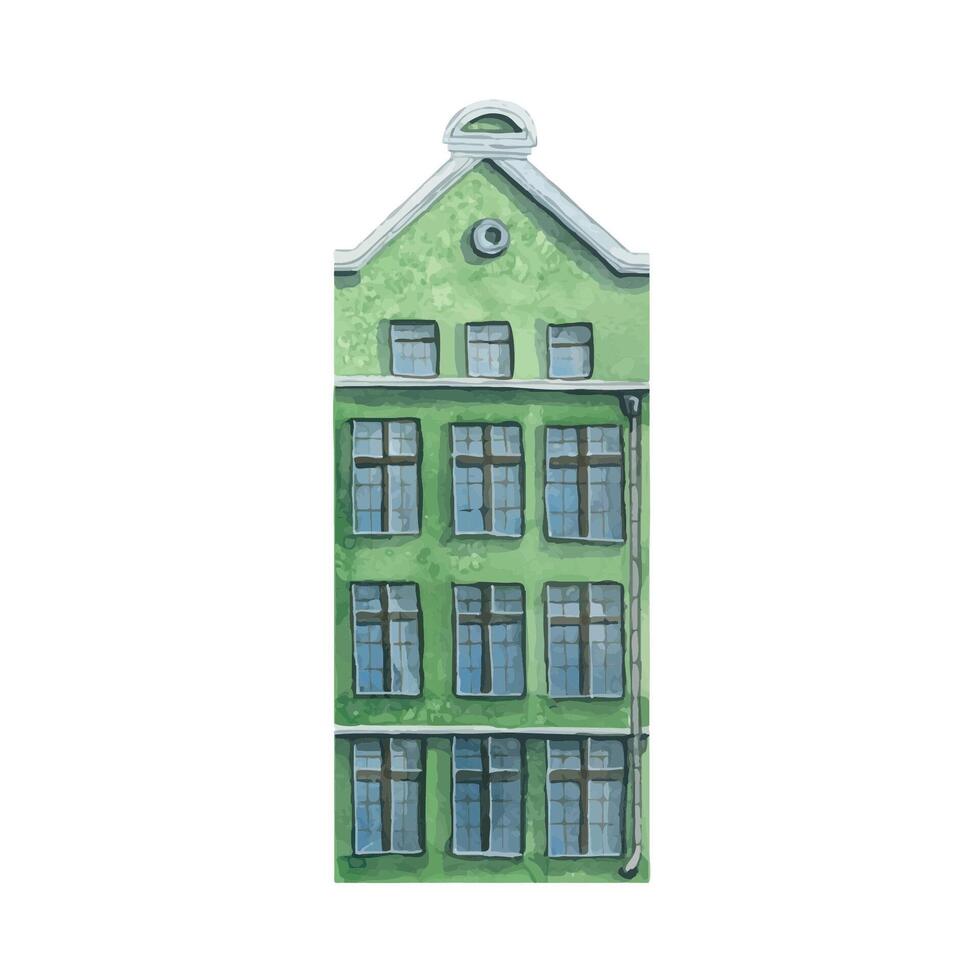 Aquarell Illustration von das Haus von das alt europäisch Stadt. isoliert. grün. zum Dekoration vektor
