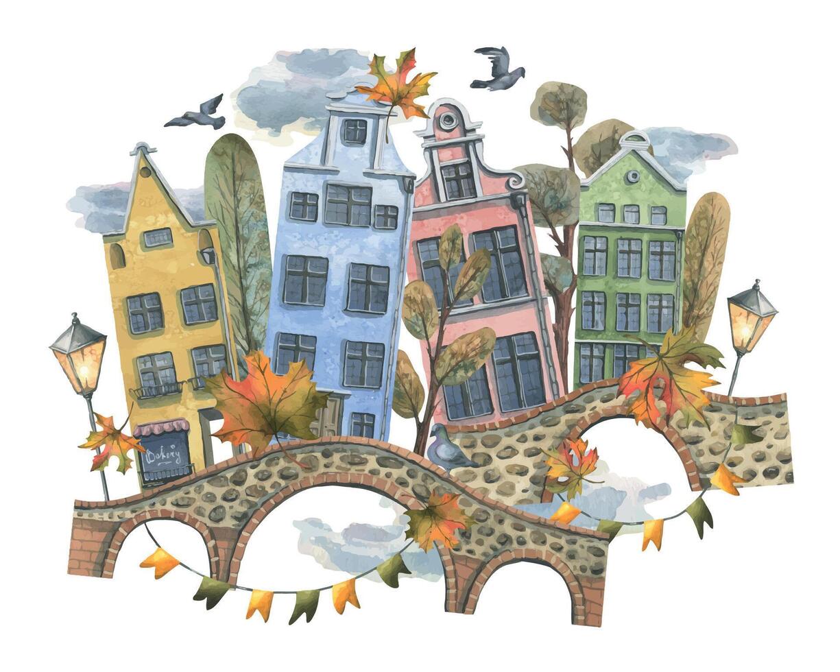 gammal europeisk hus är färgrik, med höst träd och löv, sten broar och lyktor. hand dragen vattenfärg illustration. de sammansättning är isolerat från de bakgrund vektor