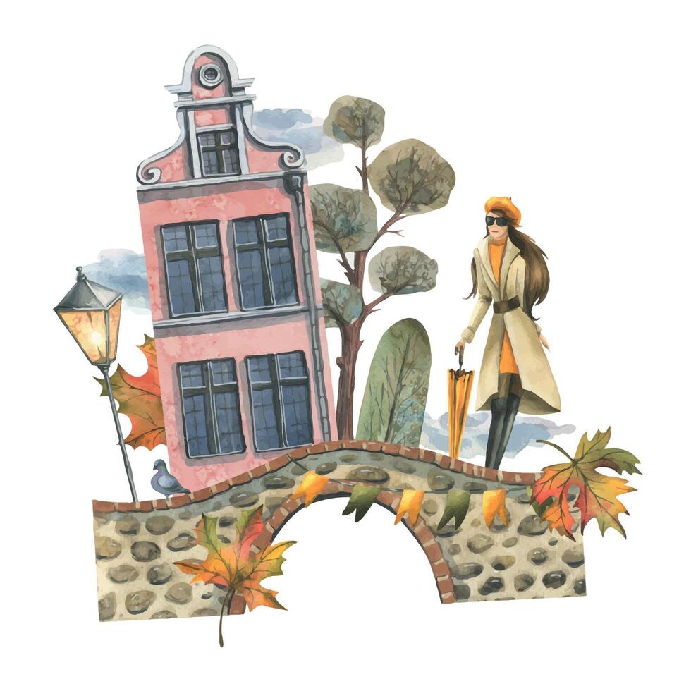 uralt europäisch Häuser, mit Herbst Bäume und Blätter, Brücken und Laternen, mit ein Mädchen mit ein Regenschirm. Hand gezeichnet Aquarell Illustration. das Komposition ist isoliert von das Hintergrund vektor