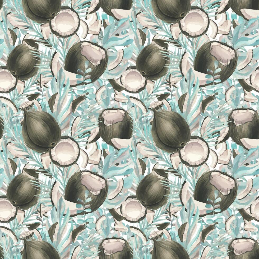 tropisk turkos löv med annorlunda former och bitar av kokos. vattenfärg illustration. sömlös mönster från de kokos samling. för tyg, textilier, tapet, förpackning, menyer recept. vektor