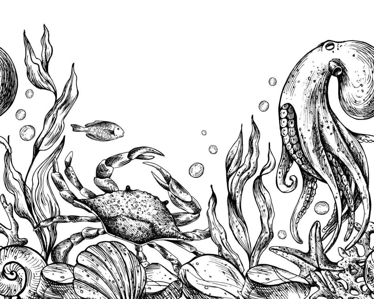 under vattnet värld ClipArt med hav djur val, sköldpadda, bläckfisk, sjöhäst, sjöstjärna, skal, korall och alger. grafisk illustration hand dragen i svart bläck. sömlös gräns eps vektor. vektor