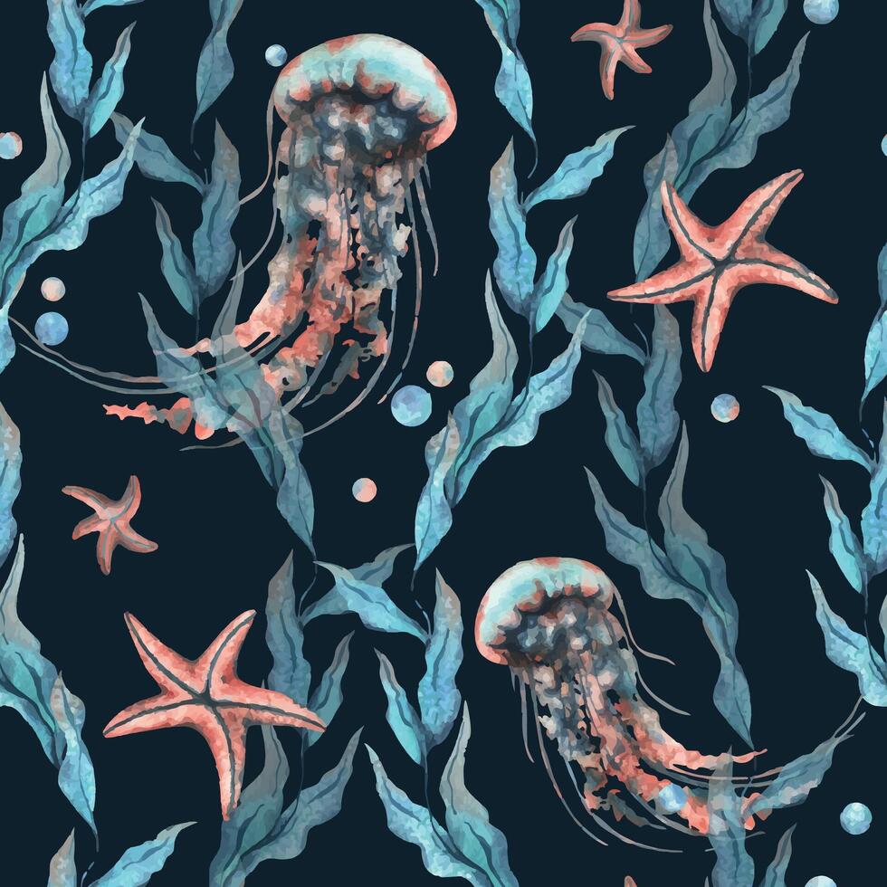 unter Wasser Welt Clip Art mit Meer Tiere Qualle, Seestern, Luftblasen und Algen. Hand gezeichnet Aquarell Illustration. nahtlos Muster auf ein dunkel Hintergrund vektor