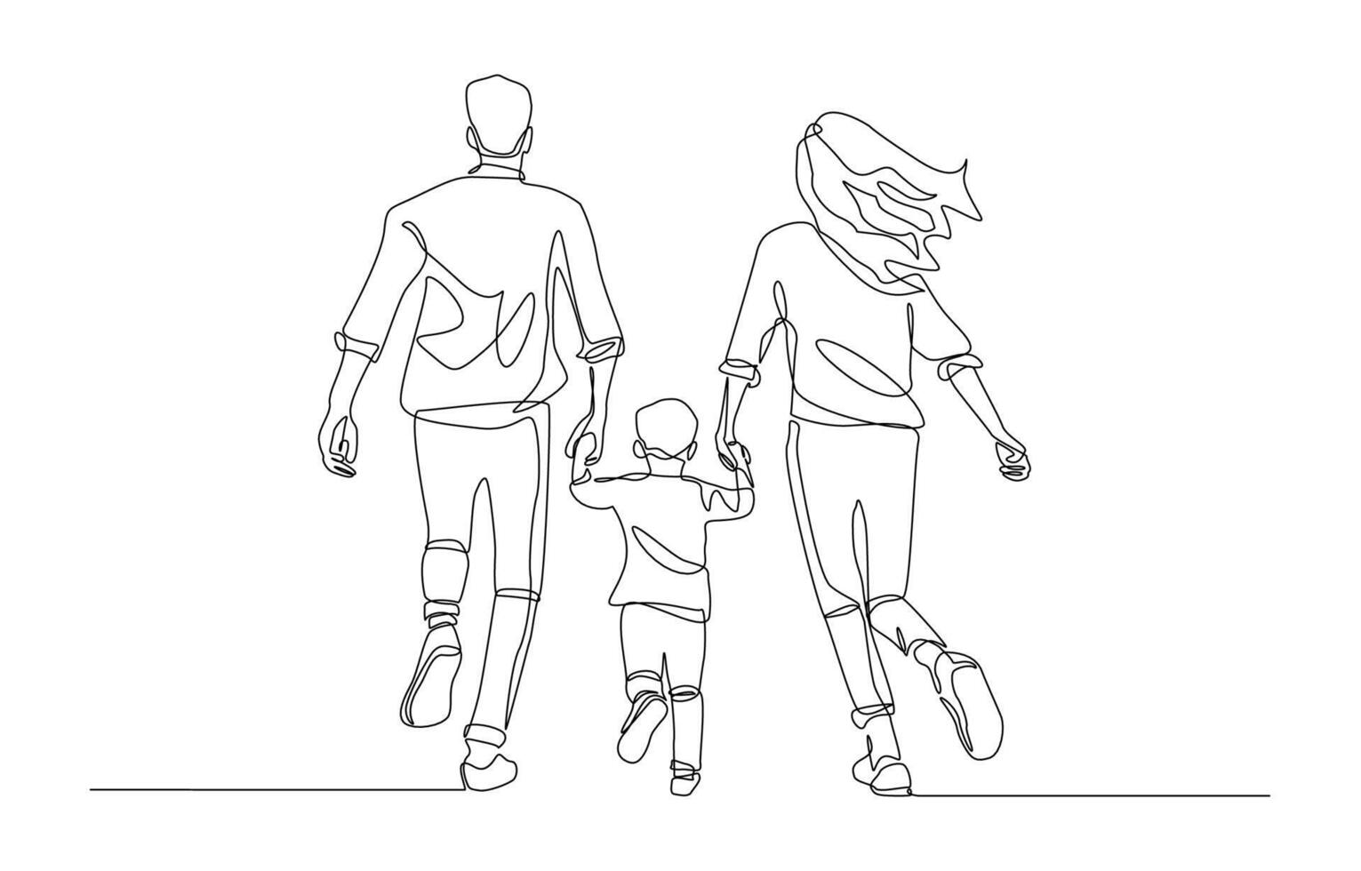 kontinuerlig ett linje teckning av föräldrar och barn innehav händer och löpning tillsammans, Lycklig familj begrepp, enda linje konst. vektor