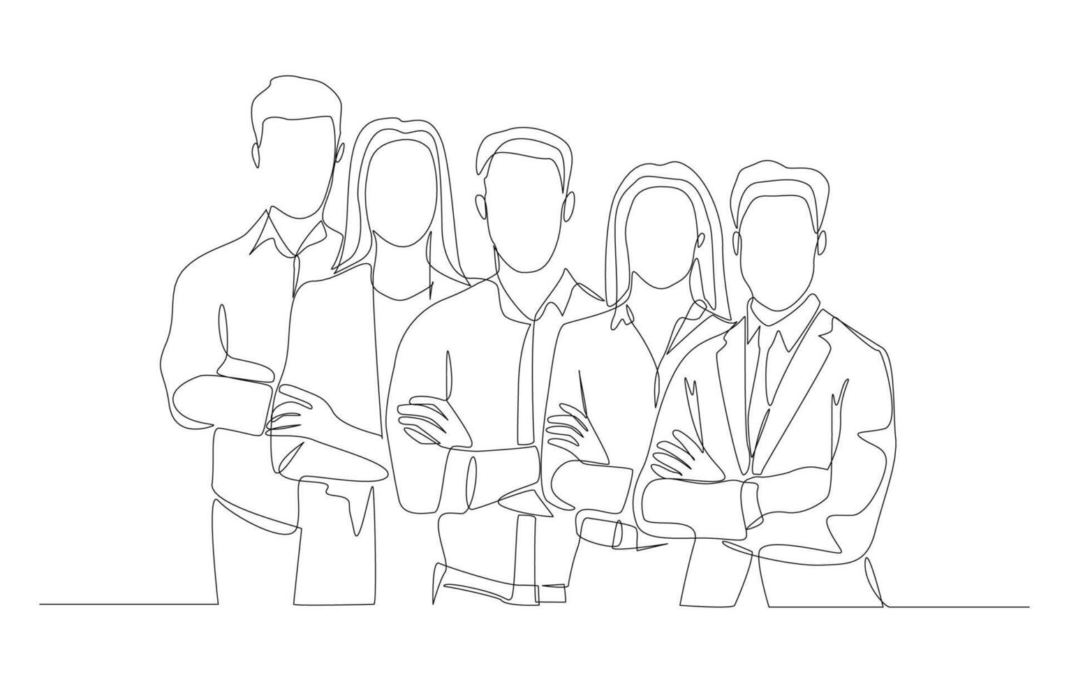 kontinuierlich einer Linie Zeichnung von Mitarbeiter Stehen mit gekreuzt Waffen über Truhe hinter jeder andere, Geschäft Zusammenarbeit Konzept, Single Linie Kunst. vektor