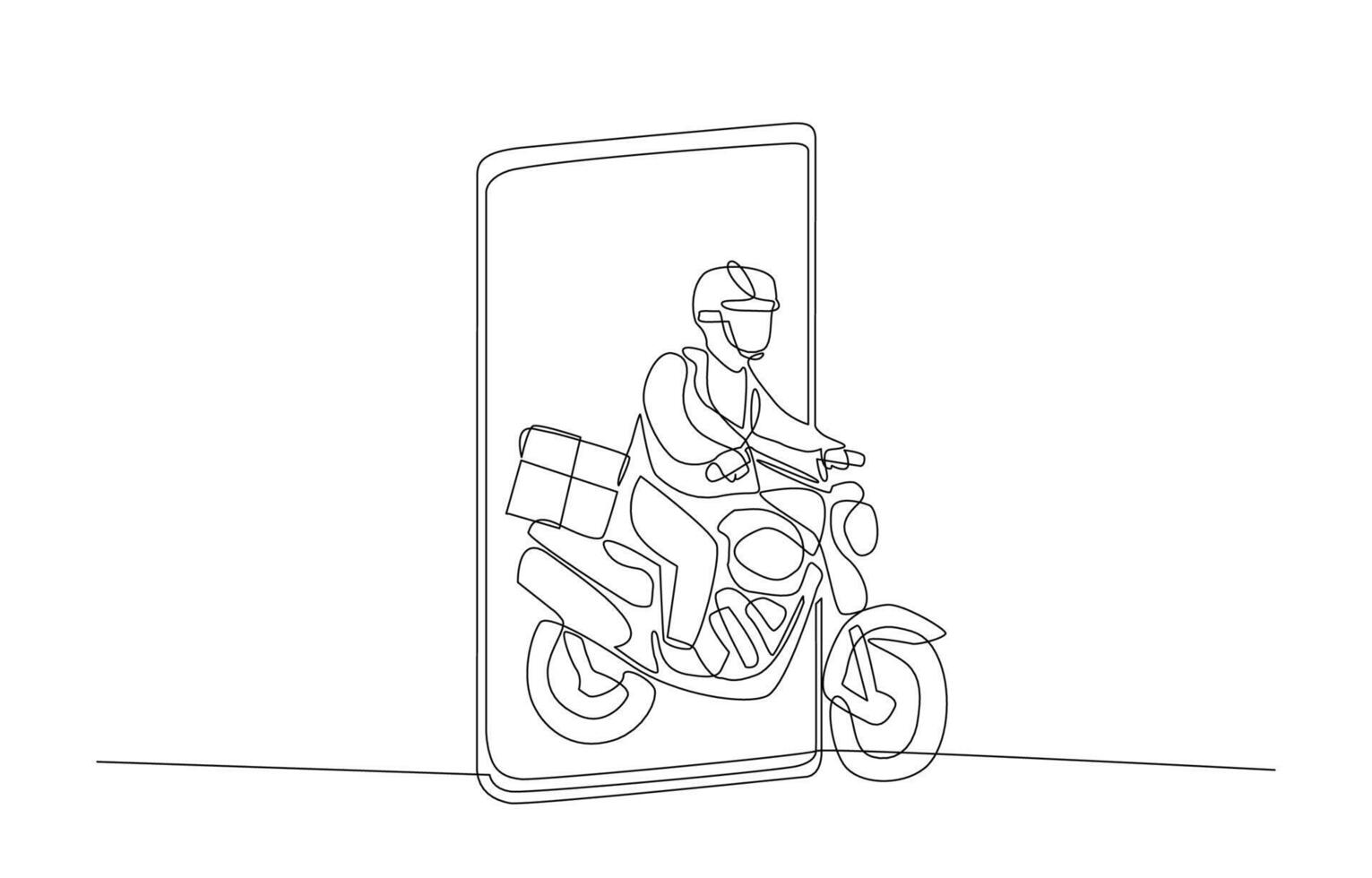 kontinuerlig ett linje teckning av leverans man kommande ut av smartphone skärm, mat leverans eller paket leverans service begrepp, enda linje konst. vektor