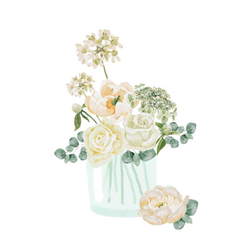 Aquarell Weiß Pfingstrose und Rose Laub Blume Strauß Hintergrund isoliert vektor