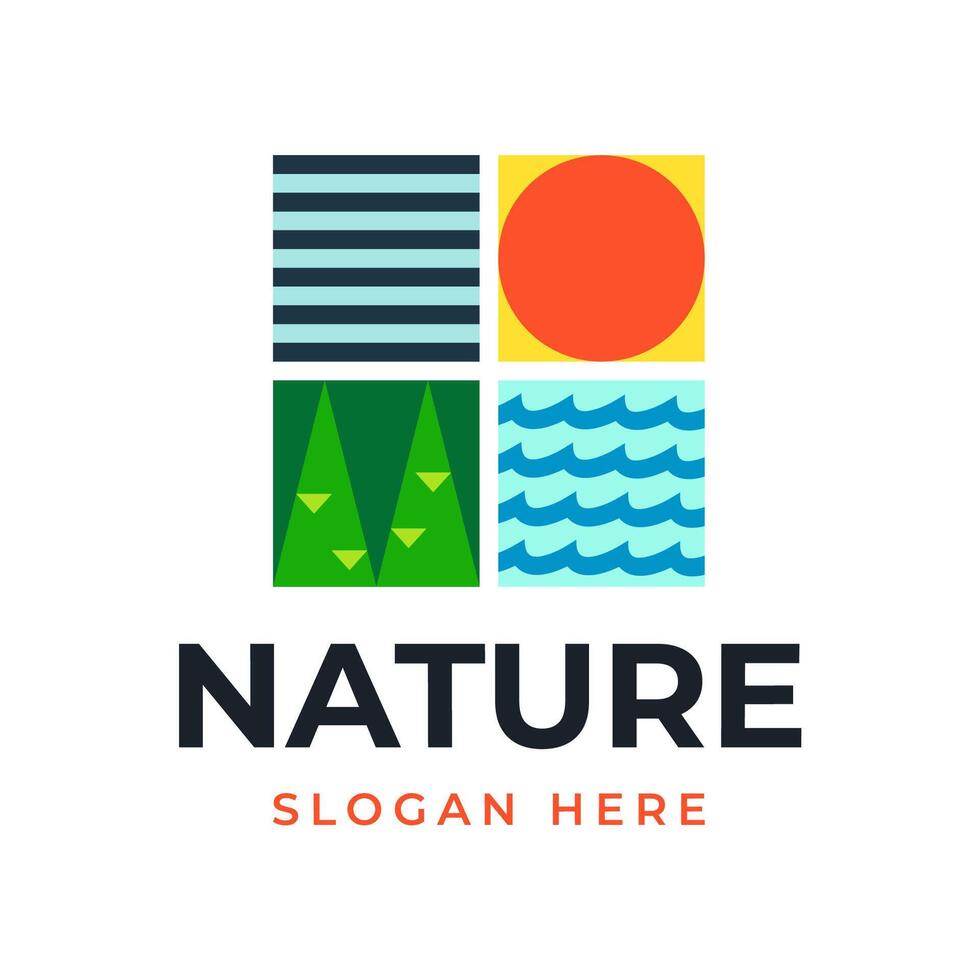 Natur Logo. Wald Baum Fluss Sonne Design Muster Vektor Illustration